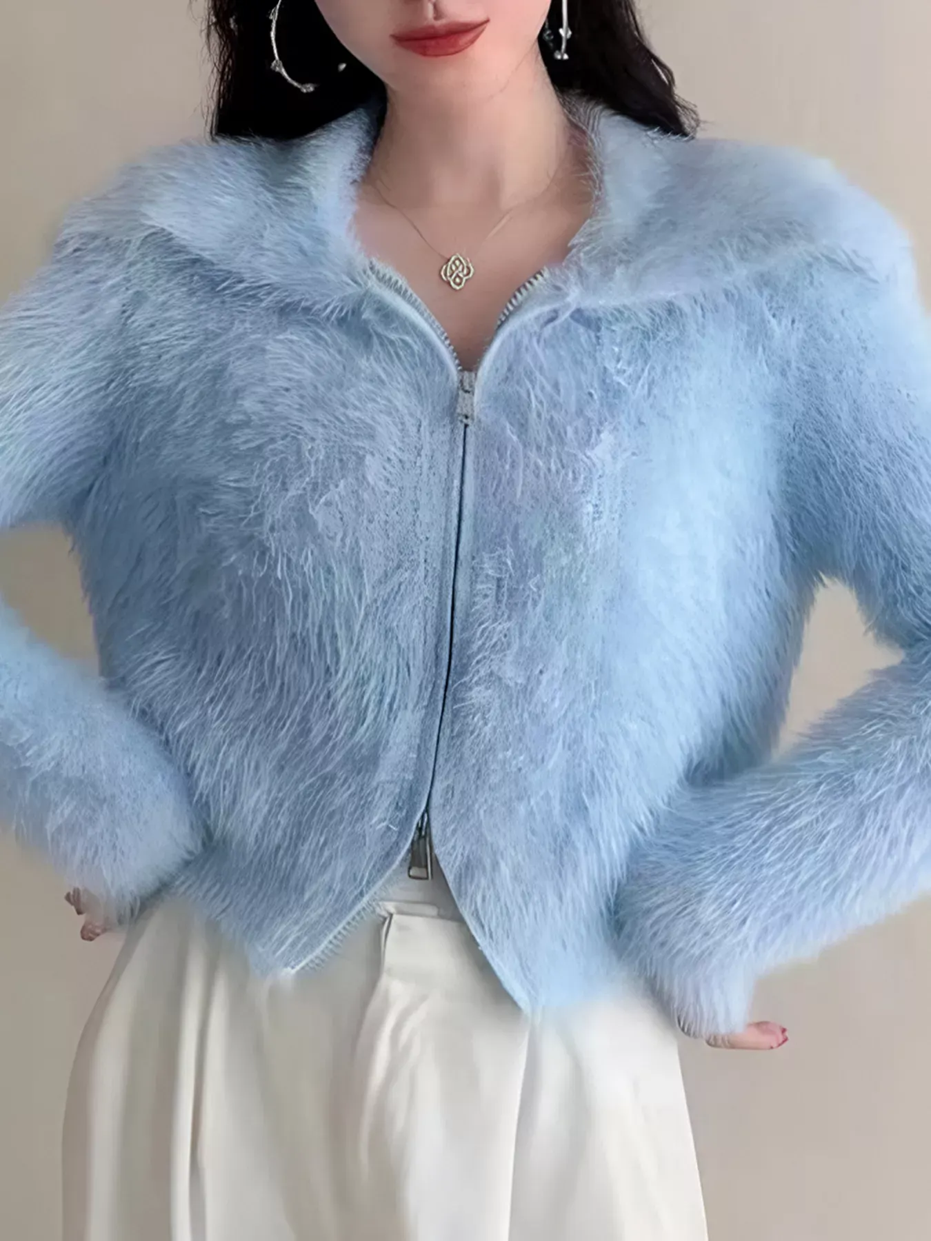 Fluffy Knit Zip-Up Outerwear
